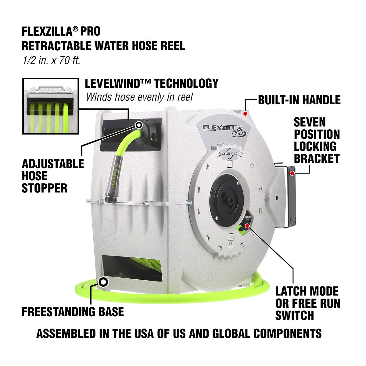 Flexzilla Retractable Water Hose Reel With Levelwind Technology 1/2" X 70'