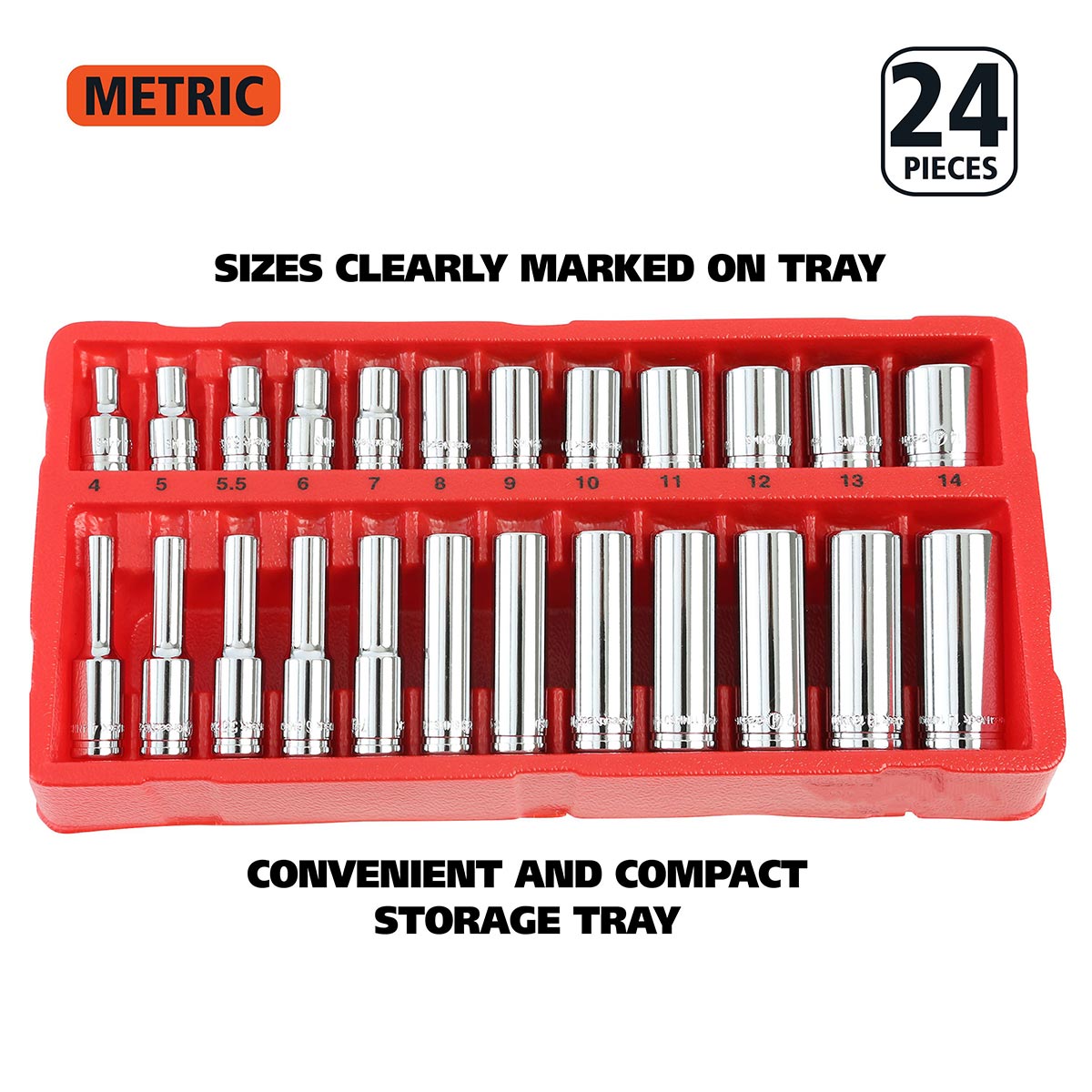 Great Neck 18622 - 22 Pc 1/4 Drive Deep/shallow Socket Set With Tray- Metric