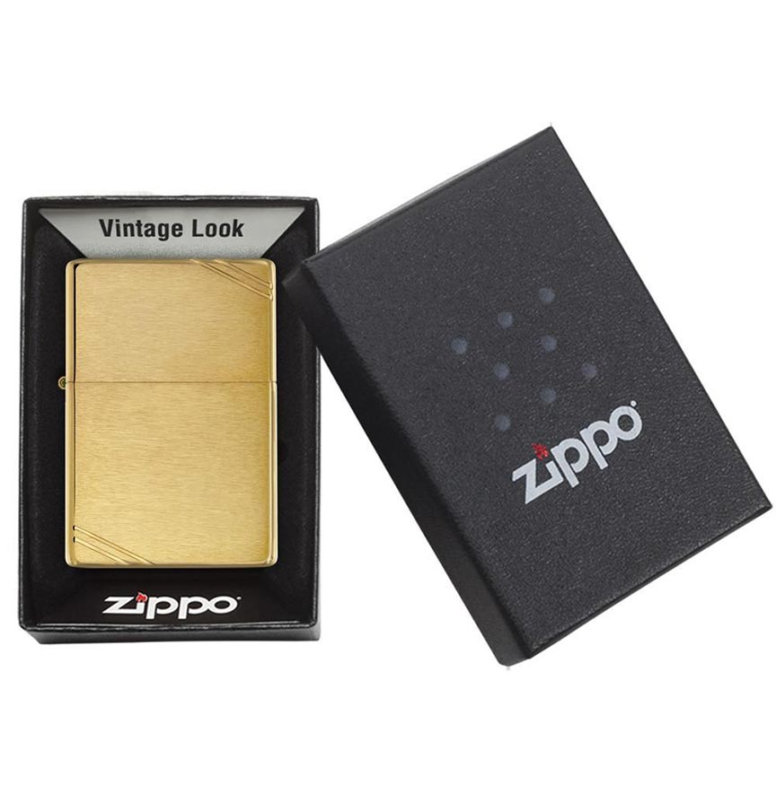 Zippo Windproof Lighter Vintage Brushed Brass W/slashes