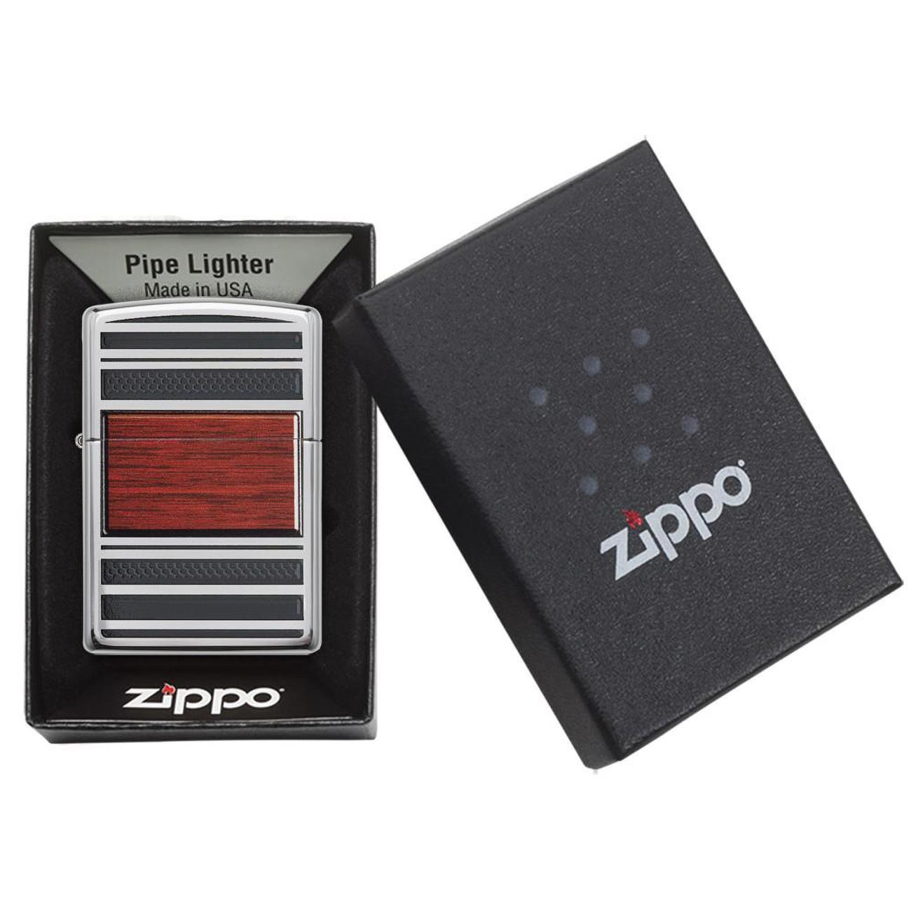 Zippo Windproof Lighter Pipe Wood Design W/pipe Lighter Insert High Polish Chrome