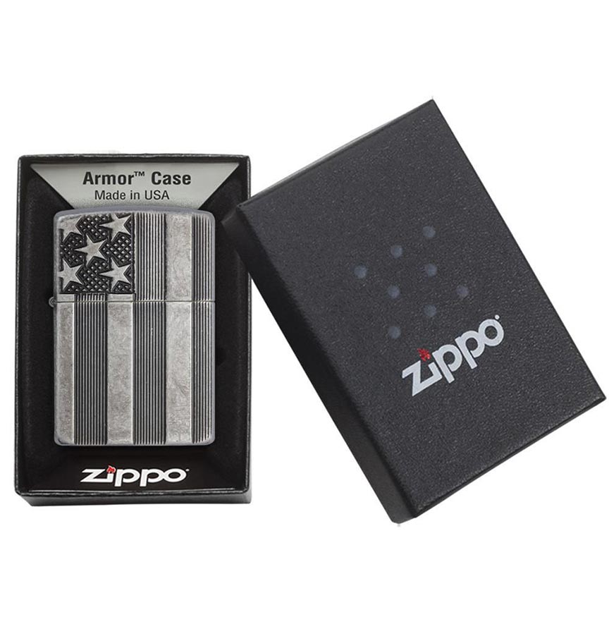 Zippo Windproof Lighter U.s. Flag Armor Case  Antique Slilver Plate Finish