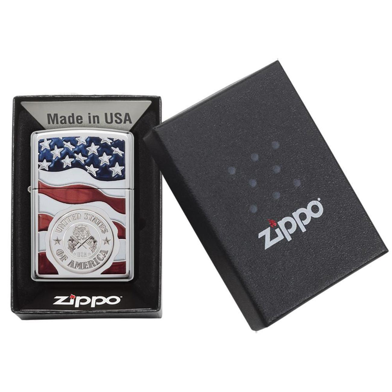 Zippo Windproof Lighter American Stamp On Flag High Polish Chrome Finish