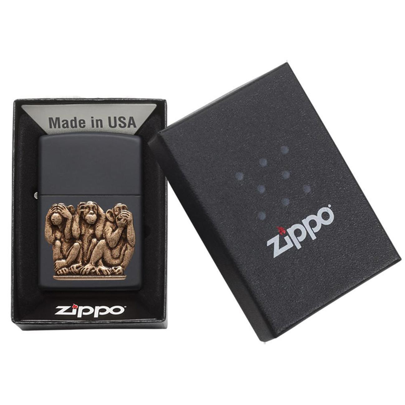 Zippo Windproof Lighter Three Monkeys Black Matte Finish