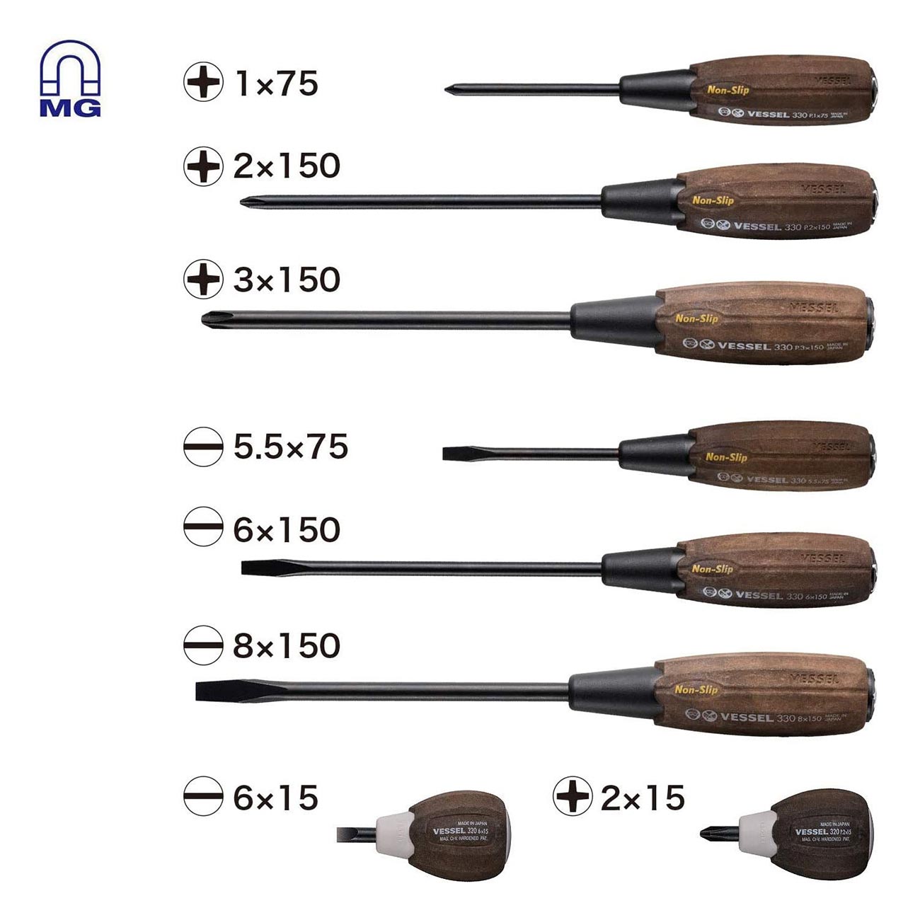 Vessel Wood-compo Non-slip Tang-thru Screwdrivers (8 Piece)