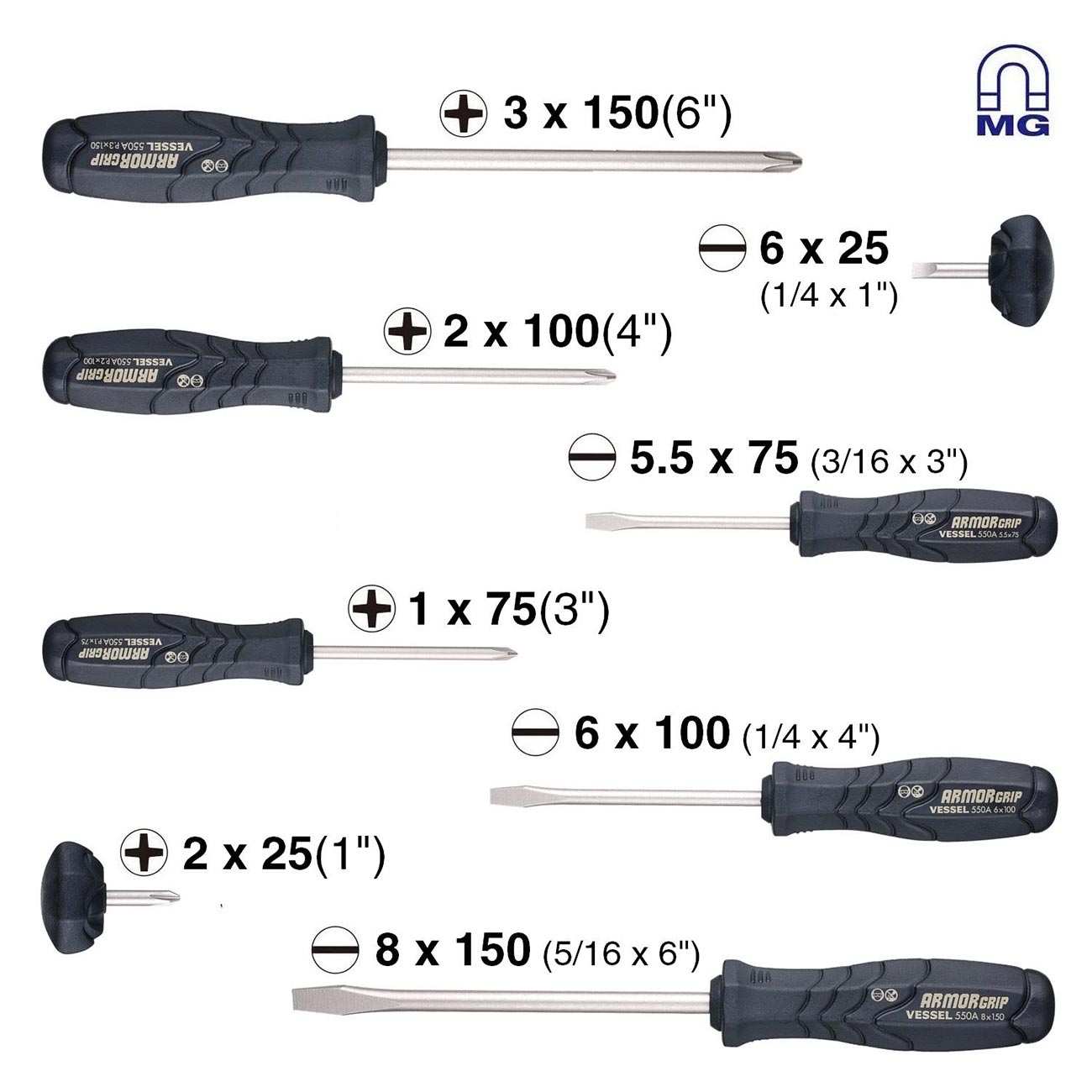 Vessel Armor Grip Screwdriver 8pc. Set No.550a8ptu