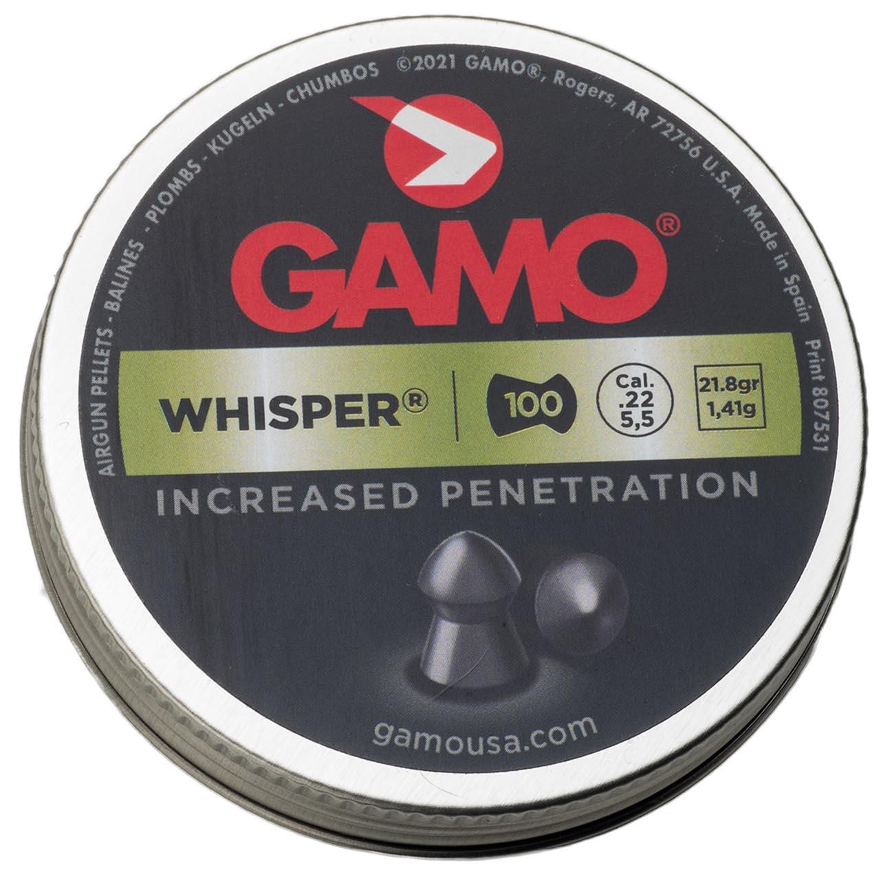Gamo .22cal "whisper Pellet" Pellets - 21.8 Grain (100 Count)