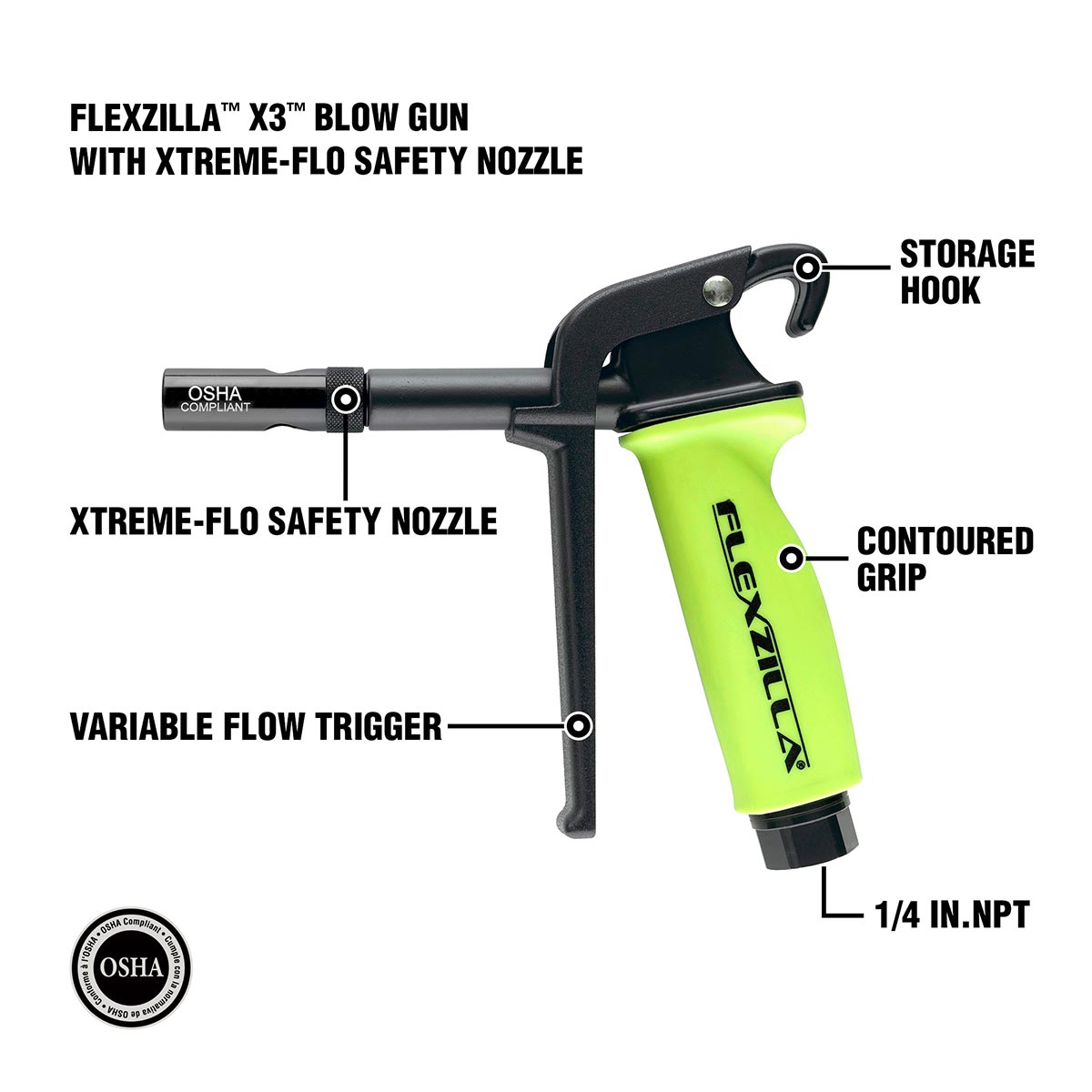 Flexzilla™ X3™ Blow Gun With Xtreme-flo Safety Nozzle Zillagreen®