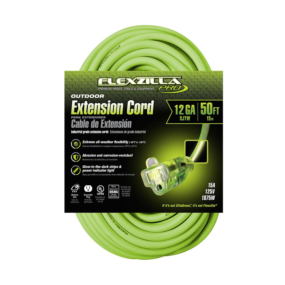 Flexzilla Pro Extension Cord 12/3 Awg Sjtw 50ft Outdoor Lighted Plug