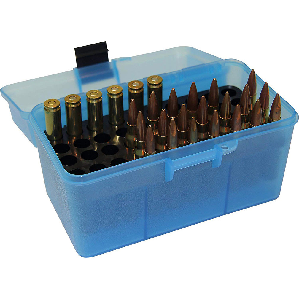 Mtm Deluxe Ammo Box 50 Round Handle 22-250 243 308 Clear Blue