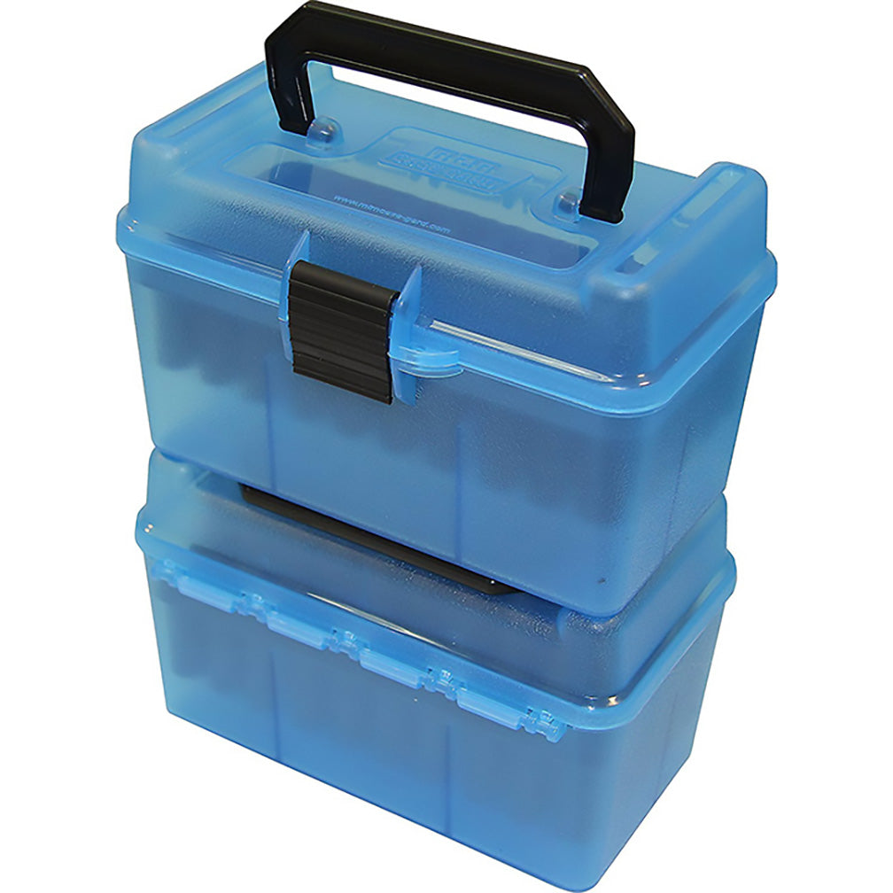 Mtm Deluxe Ammo Box 50 Round Handle 22-250 243 308 Clear Blue