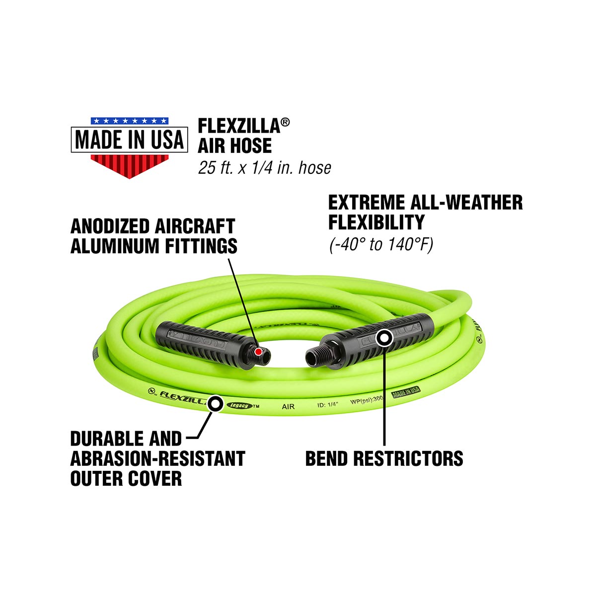 Flexzilla® Air Hose 1/4" X 25' 1/4" Mnpt Fittings Zillagreen®