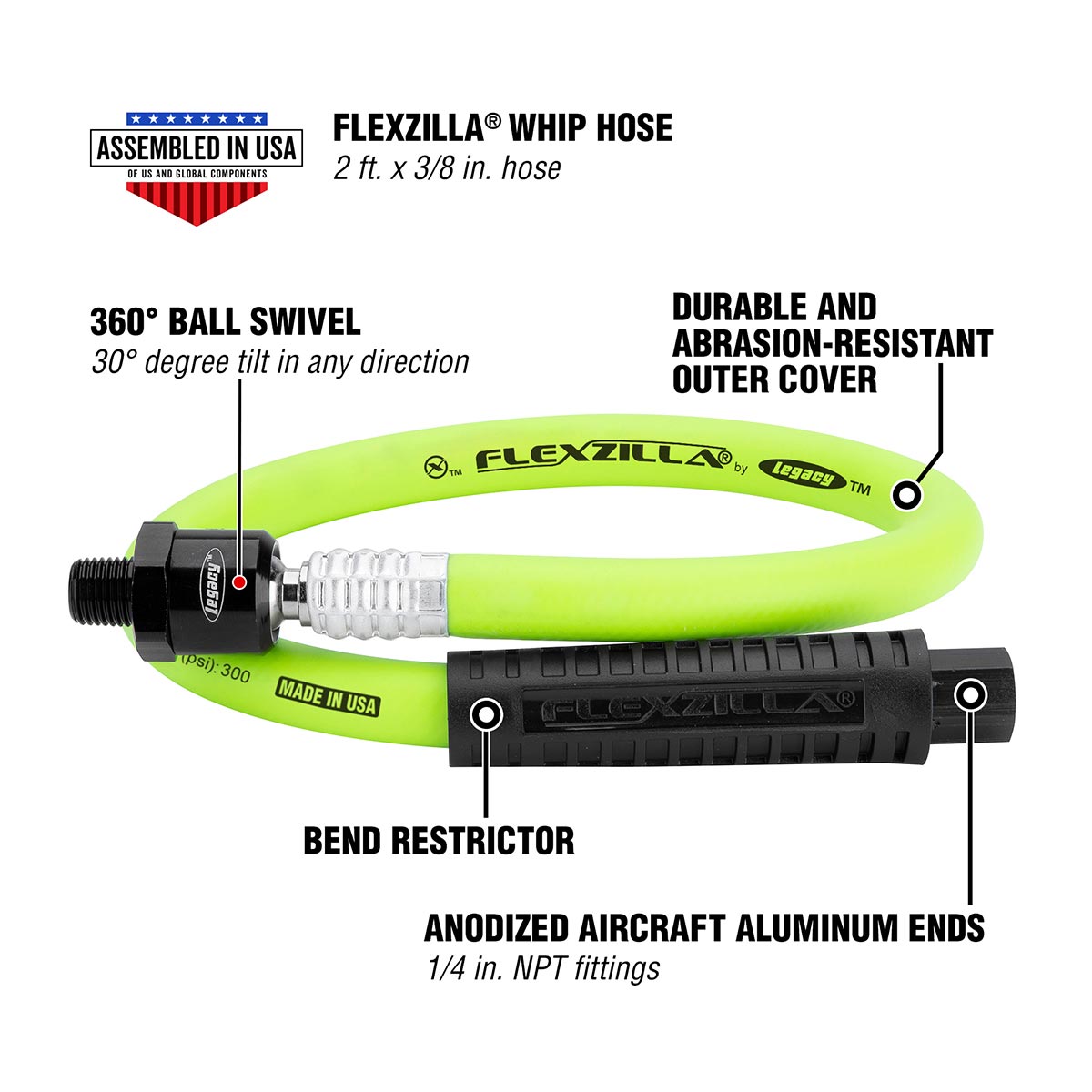 Flexzilla Whip Hose With Ball Swivel 3/8" X 2' (1/4" Mnpt Ball Swivel X 1/4" Fnpt Ends)