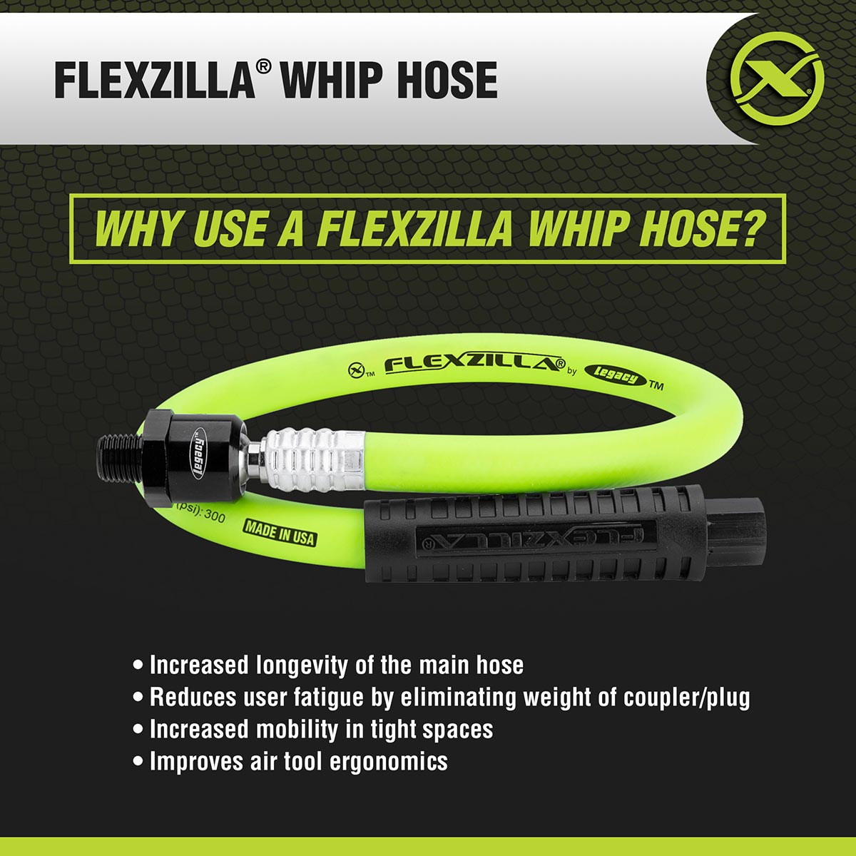 Flexzilla Whip Hose With Ball Swivel 3/8" X 2' (1/4" Mnpt Ball Swivel X 1/4" Fnpt Ends)