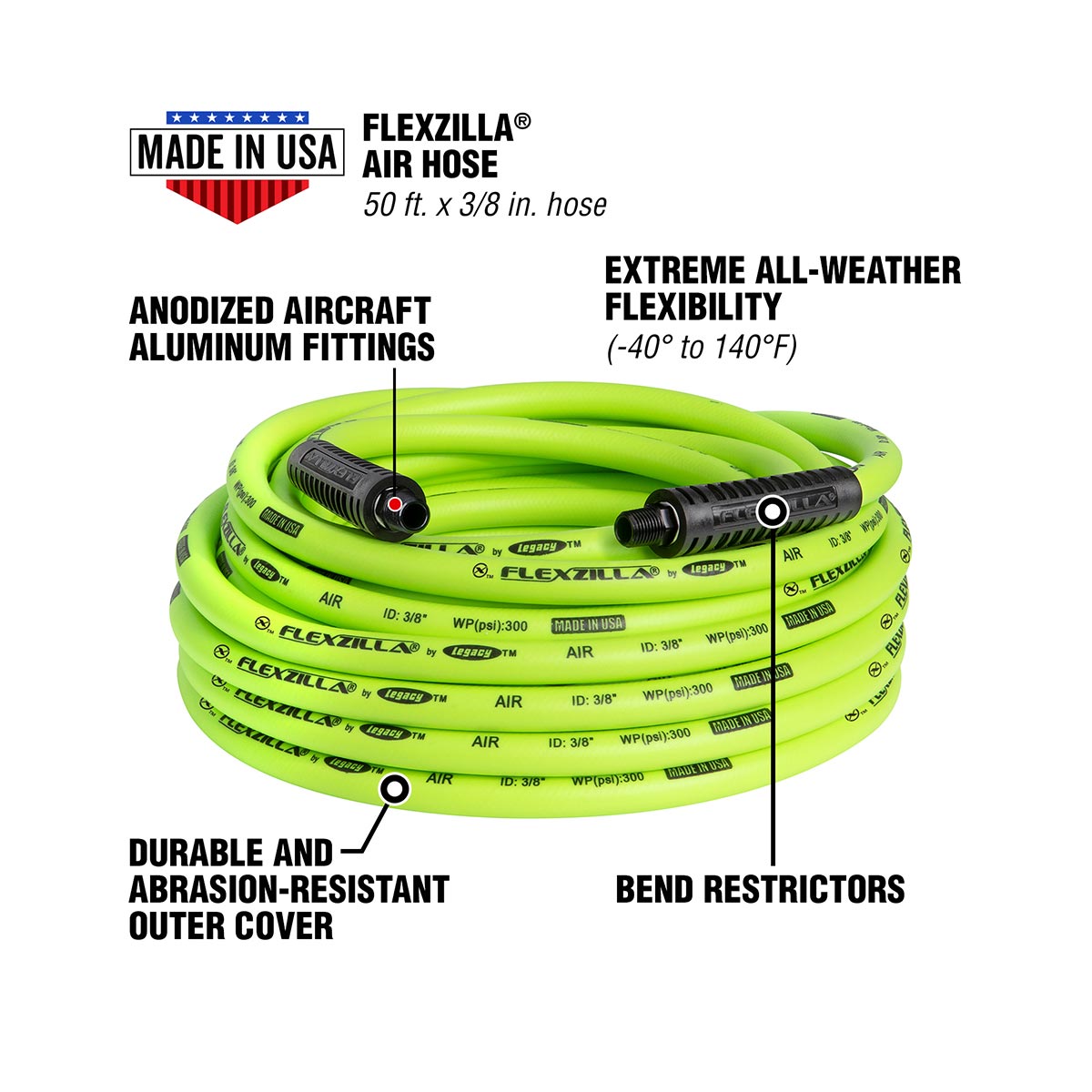 Flexzilla® Air Hose 3/8" X 50' 1/4" Mnpt Fittings Zillagreen®