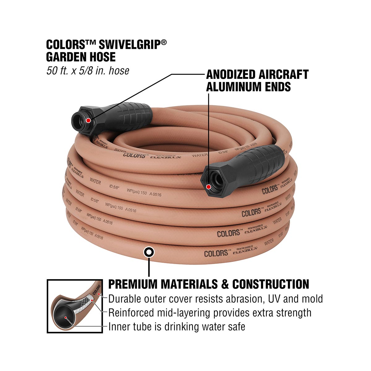 Flexzilla® Colors™ Swivelgrip® Garden Hose 5/8" X 50' 3/4" - 11 1/2 Ght Fittings Red Clay