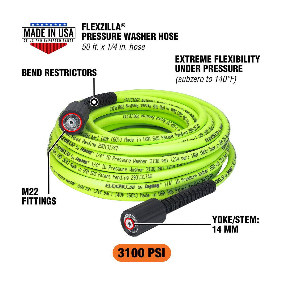 Flexzilla® Pressure Washer Hose 1/4" X 50’ 3100 Psi M22 Fittings Zillagreen®