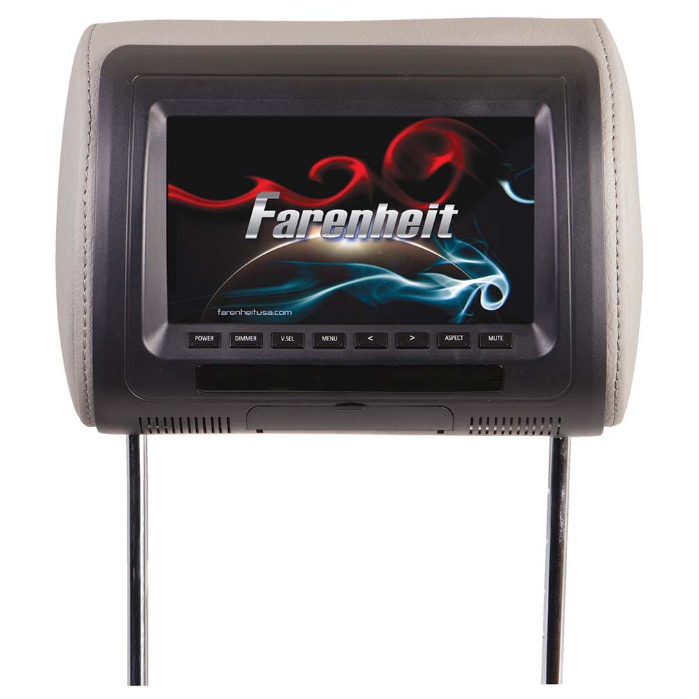 Farenheit Universal  7" Headrest (single) Includes 3 Color Skins (blackgreybeige) Dual Ch Ir Tran