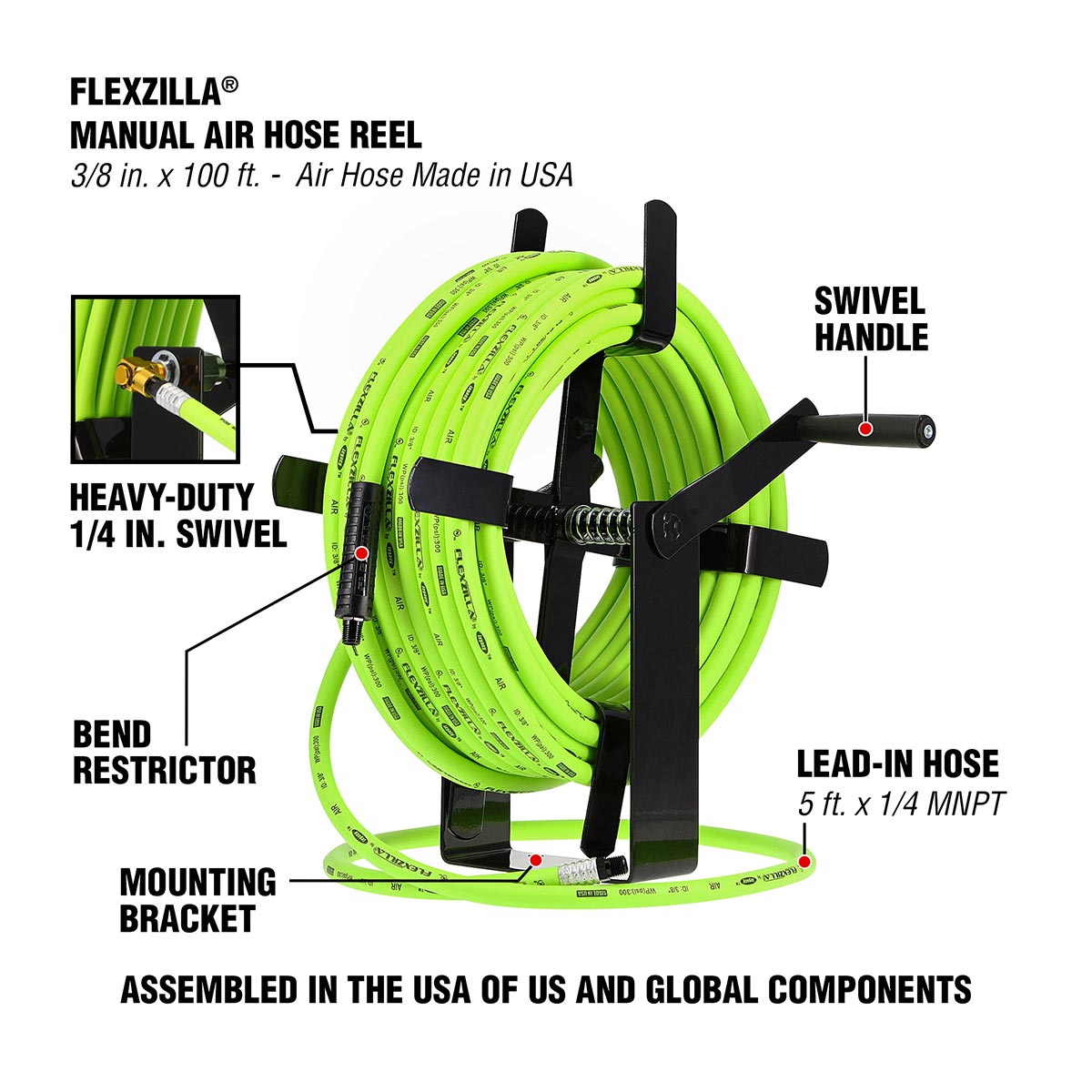 Flexzilla Manual Open Face Air Hose Reel 3/8" X 100'