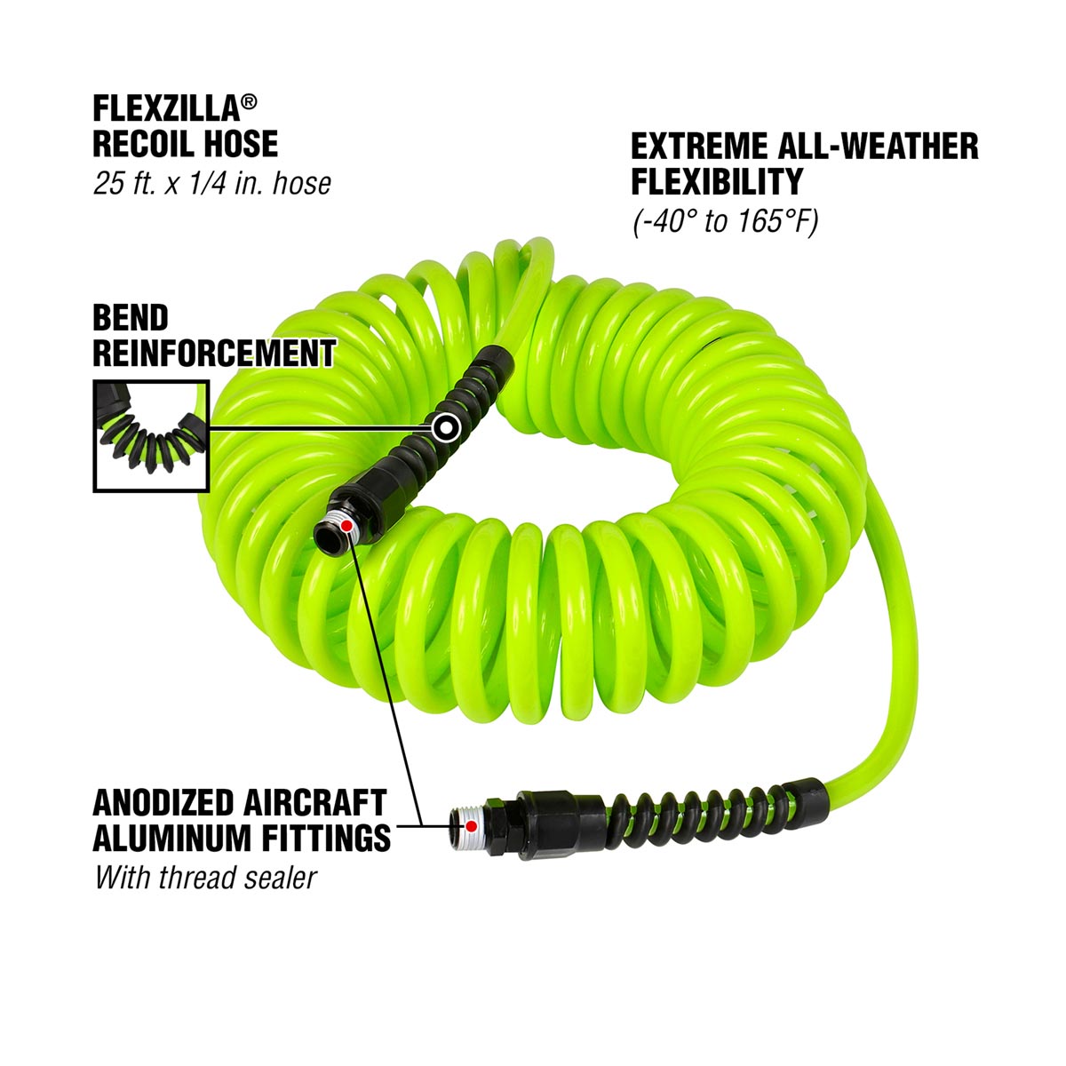 Flexzilla Polyurethane Recoil Hose: 1/4" X 25' With 1/4in With Mnpt Fittings