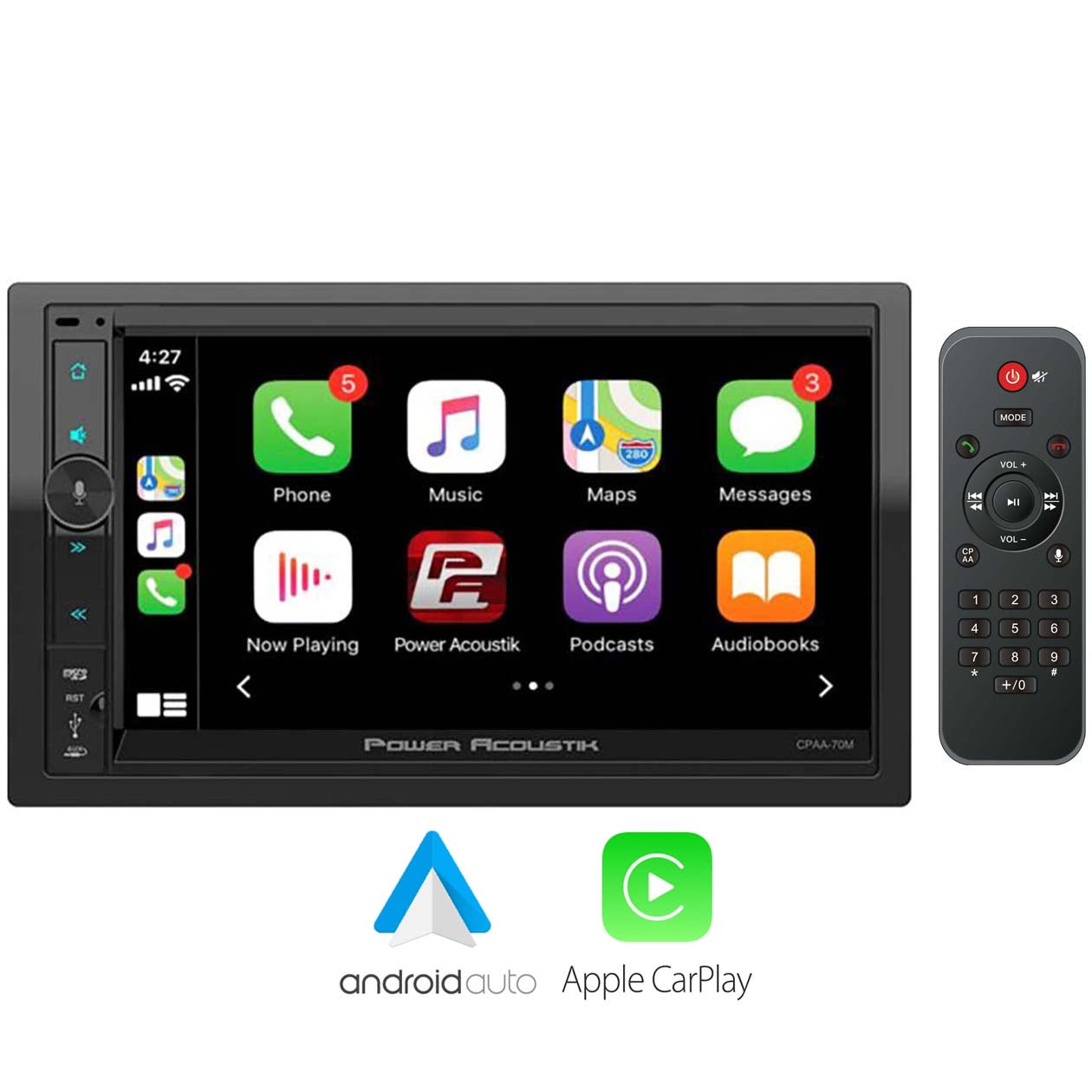 Power Acoustik 7” Double Din Fixed Face Touchscreen Mechless Receiver With Bluetooth Apple Car Pla